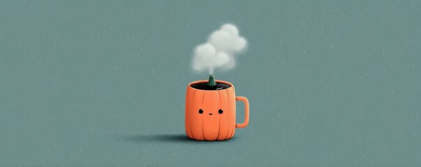 Smiling orange pumpkin mug with steam in a cozy flat vector illustration for autumn warmth