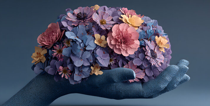 Hands holding paper head, human brain with flowers, self care and mental health concept, positive thinking, creative mind, generative AI used for brain