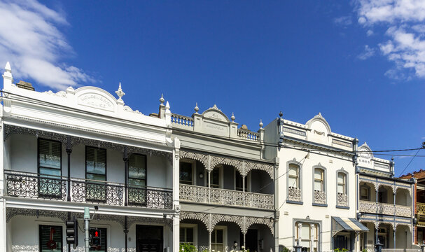MELBOURNE, VICTORIA, AUSTRALIA - December 25, 2018: Historic Victorian Terrace Houses with Ornate Cast Iron Balconies in Fitzroy Melbourne
