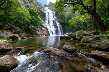 Fototapeta premium Waterfall cascading into a rocky pool in a lush forest