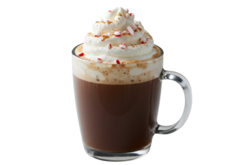 Macro shot of a steaming peppermint mocha in a clear glass mug, garnished with thick whipped cream, cinnamon, and red candy cane pieces, isolated on a white studio background, concept for beverage