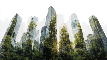 abstract double exposure of city skyscrapers and lush forest representing harmony between business nature and modern architecture symbolizing sustainable development environment green urban living