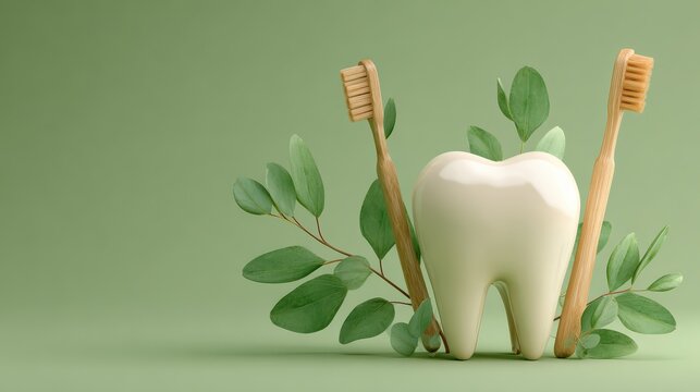 dental hygiene concept large tooth model with a bamboo toothbrush and eucalyptus on an ecofriendly green background