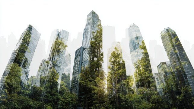 abstract double exposure of city skyscrapers and lush forest representing harmony between business nature and modern architecture symbolizing sustainable development environment green urban living