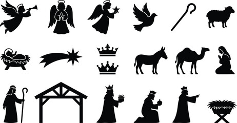 Birth of Jesus and Christian holiday black glyph icons. Three wise men, manger, and star of Bethlehem vector symbols set.
