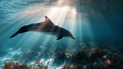 Majestic dolphin gliding gracefully through sunlit waters near coral reef in vibrant marine ecosystem