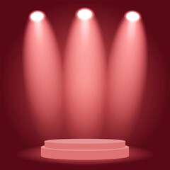 Red podium stage with three bright spotlights illuminating a circular platform, ideal for product display or presentation backdrop.