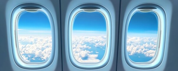 Interior view from inside of airplane window overlooking beautiful white clouds