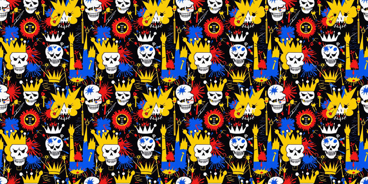 Edgy repeating seamless pattern, child-like symbols, cryptic phrases, crowns, skulls, bold primary colors, black, white, earth tones, ideal for graphic design, street art, and punk fashion