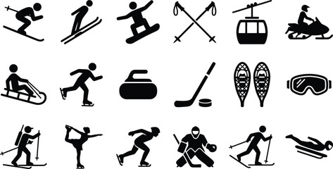 Winter sports silhouette icon set. Olympic games athletes and skiing equipment symbols including hockey and sled vector collection.  © ArtMint