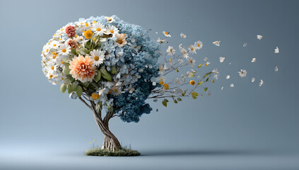 Human brain tree with flowers, self care and mental health concept, positive thinking, creative mind, generative AI