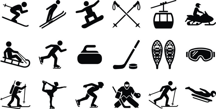 Winter sports silhouette icon set. Olympic games athletes and skiing equipment symbols including hockey and sled vector collection.
