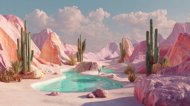 a surreal desert scene featuring a pastel pink canyon surrounding a turquoise oasis pool with tall cacti and soft dreamy light set in a whimsical aesthetic