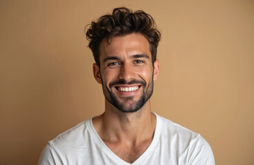 Fototapeta premium Handsome man poses on beige background. Stylish guy smiles. Portrait of happy person. Male beauty concept. Positive emotion on face. Elegant model with beard and haircut in fashion casual attire.