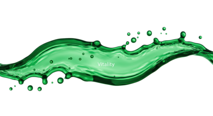 Viscous, glossy emerald green liquid splash with frozen droplets, captured in a high-speed macro shot on a white background with text 'vitality', concept for high-end product advertising