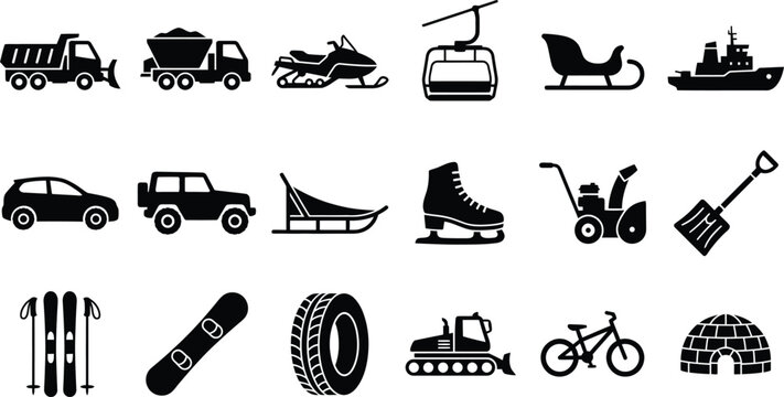 Winter transportation and vehicle silhouette icon set. Snow removal truck and snowmobile equipment symbols vector collection.
