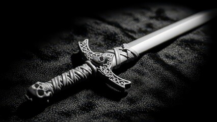 Obraz premium Ancient Sword with Ornate Hilt on Dark Textured Surface.
