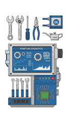 Advanced diagnostic machine with tools for mechanical and robotic repair, featuring digital analysis and traditional instruments for efficient maintenance