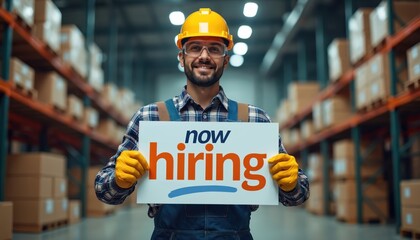 Smiling male worker in yellow hard hat, safety glasses, plaid shirt holds Now Hiring sign. Stands in large modern warehouse aisle with shelves of boxes. Company seeks new employees for job roles,