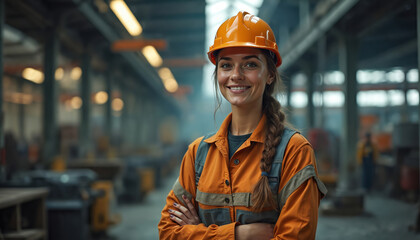 Smiling woman wearing hard hat and work clothes. Female engineer arms crossed in factory. Industrial worker woman happy in manufacturing plant. She stands proud in her job.