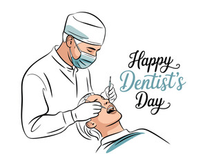 Dentists day simple vector illustration with doctor and patient. One continuous line art drawing background, banner, poster for dentists day celebration.