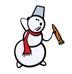 Funny confused cartoon snowman lost his nose. Vector illustration of a huge carrot in his hands. Isolated character on white background.