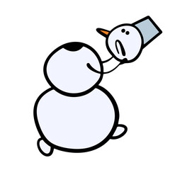 Cartoon doodle unfortunate snowman lost his head. Vector illustration of a fairy tale hero holding a snowball in his hands. Isolated character on white background.