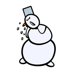 Very sad cartoon snowman is crying with grief. Vector illustration spring has come, the heat is on, the snow is melting. Isolated character on white background.