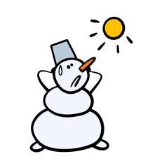 Cartoon snowman looks at the bright sun in panic. vector illustration of a thaw or spring, snow melts from the heat. Isolated character on white background.