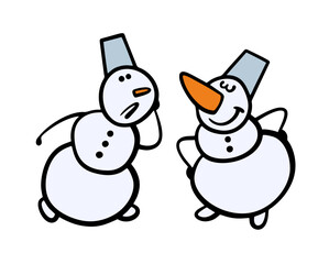 Two snowmen compete in the length of a carrot. Vector illustration of a winner and a loser. Size dominates. Isolated character on white background.