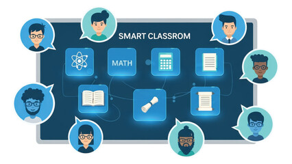 Interactive online education platform illustrating a smart classroom experience with student avatars and diverse subject icons connected digitally