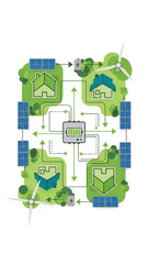 Smart grid concept illustration Decentralized homes use solar and wind, feeding a central battery for efficient, sustainable power distribution