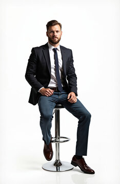 Confident businessman in suit jacket, blue jeans sits on modern bar stool. Handsome bearded professional looks seriously at camera. Stylish male model poses for full length portrait isolated on plain