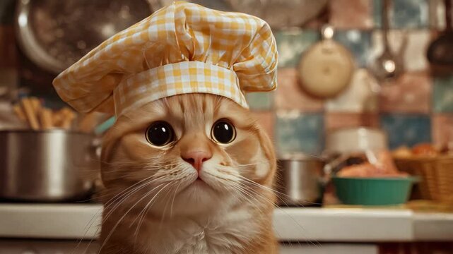 Cute cat wearing a chef hat stands in a colorful kitchen preparing to cook some delicious food while surrounded by kitchen utensils and pots