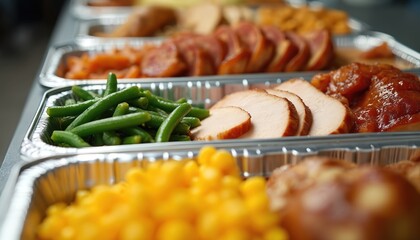 Lineup of foil trays filled with catered food. Includes sliced turkey, green beans, corn, and glazed ham. Ready for a party or holiday feast.