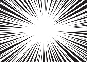 Comic speed lines background. Cartoon book sunburst background. Superhero radial line pattern frame. Manga anime explosion background. Pop art flash rays effect. Vector illustration.