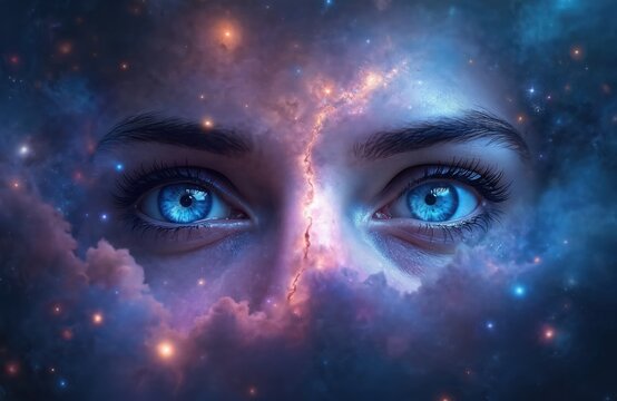 Blue eyes gaze into cosmic nebula, observing distant galaxies. Starry sky surrounds, suggesting clairvoyance, psychic power, and mystical insight into future events.