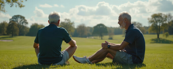 Two men sit on a green lawn, possibly golfers after a game, conversing on a sunny day. One man gestures with his hand, the other listens intently. Background shows trees and sky with clouds.