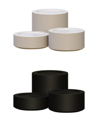 Pile of white and black clean plate on a isolated background. Set of kitchen dish stack. Realistic clean white and black plates.