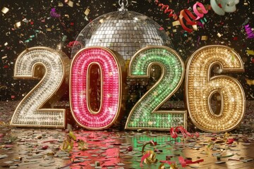 New Year 2026 celebration with illuminated digits and confetti under a disco ball