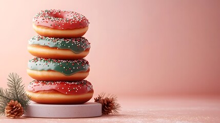 Stack of festive Christmas donuts. holiday baking creative food concept on a soft pink background.