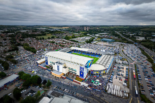 Leeds, UK, 18th August 2025. Aerial view of Elland Road football stadium home of Leeds United football club. A Premier League soccer ground.