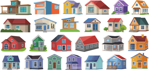 Cartoon house collection featuring 25 unique residential designs with varied architecture, roof styles, and color schemes.