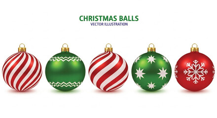Five christmas balls in red and green colors with different patterns, vector illustration