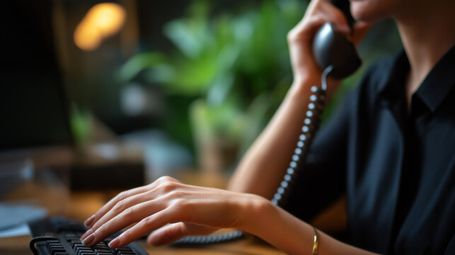 Faceless female receptionist hands working at computer front desk administration office management task customer service interface professional reception work defocused office