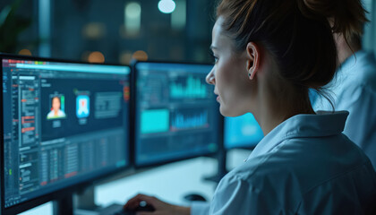 Female engineer monitors data. Woman works with computer screens at modern tech lab. Specialist controls program on display. Developer analyzes data for software. System monitoring, programming