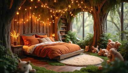 Obraz premium A bedroom has bed with orange covers. It is decorated with fairy lights and teddy bears. Cozy room has wood walls and large window with green plants. Nature inspired interior.
