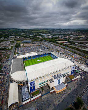 Leeds, UK, 18th August 2025. Aerial view of Elland Road football stadium home of Leeds United football club. A Premier League soccer ground.