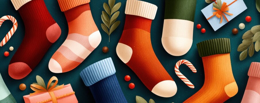 Colorful abstract socks and holiday elements in flat design style for festive stock image - Powered by Adobe