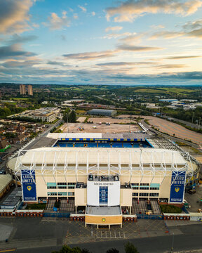 Leeds, UK. 20th August 2025. Sunset over Elland Road football stadium home to Premier League football club Leeds United.